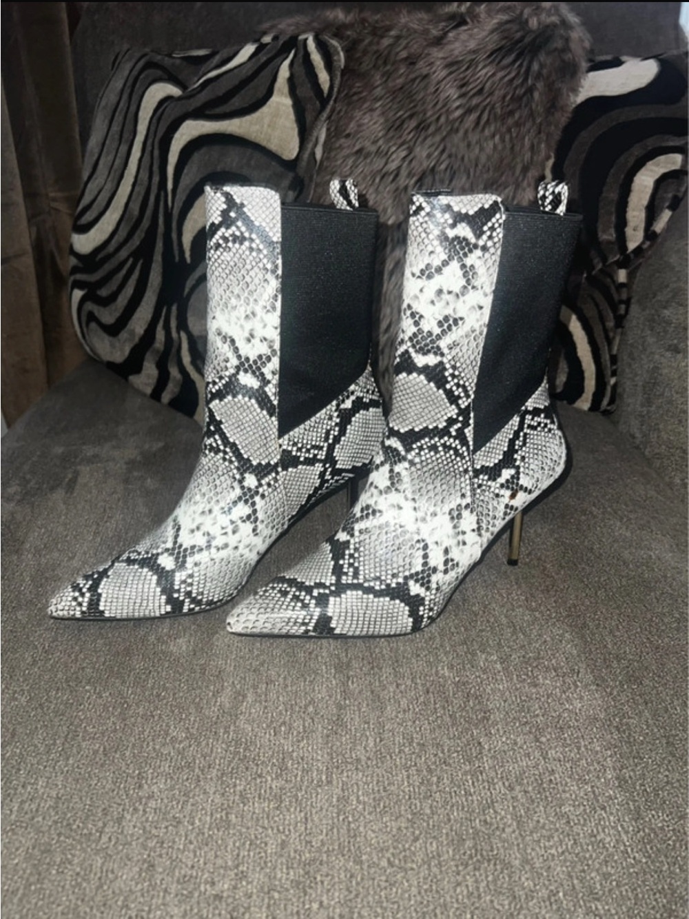 Fashion Nova Black & White Snake-Print Pointed Toe Ankle Booties